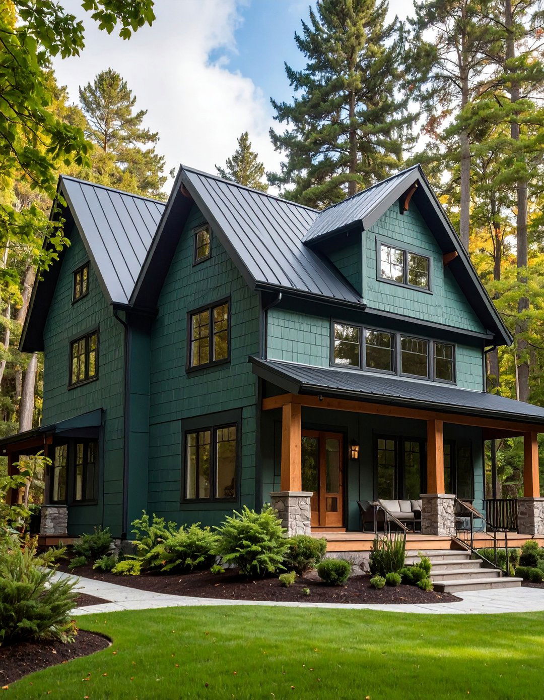 Sage Green Shake Siding with Black Metal Roof Combination - 25 Sage Green House With Black Trim Ideas