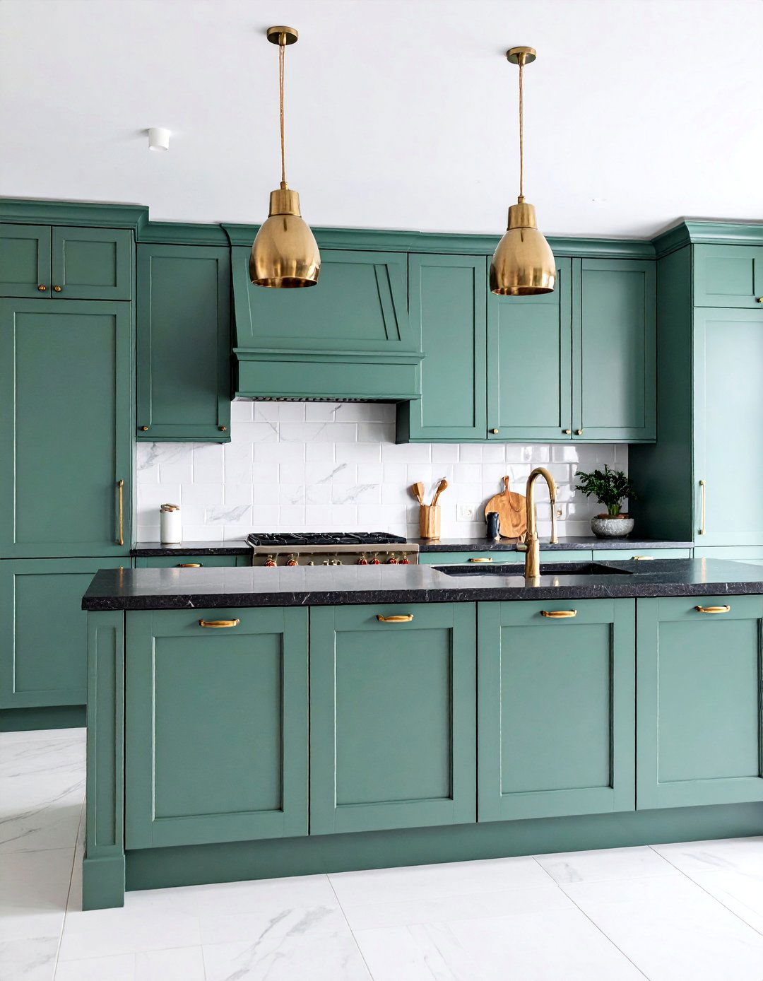Sage Green Shaker Cabinets with Black Soapstone Countertops - 25 Sage Green and Black Kitchen Ideas