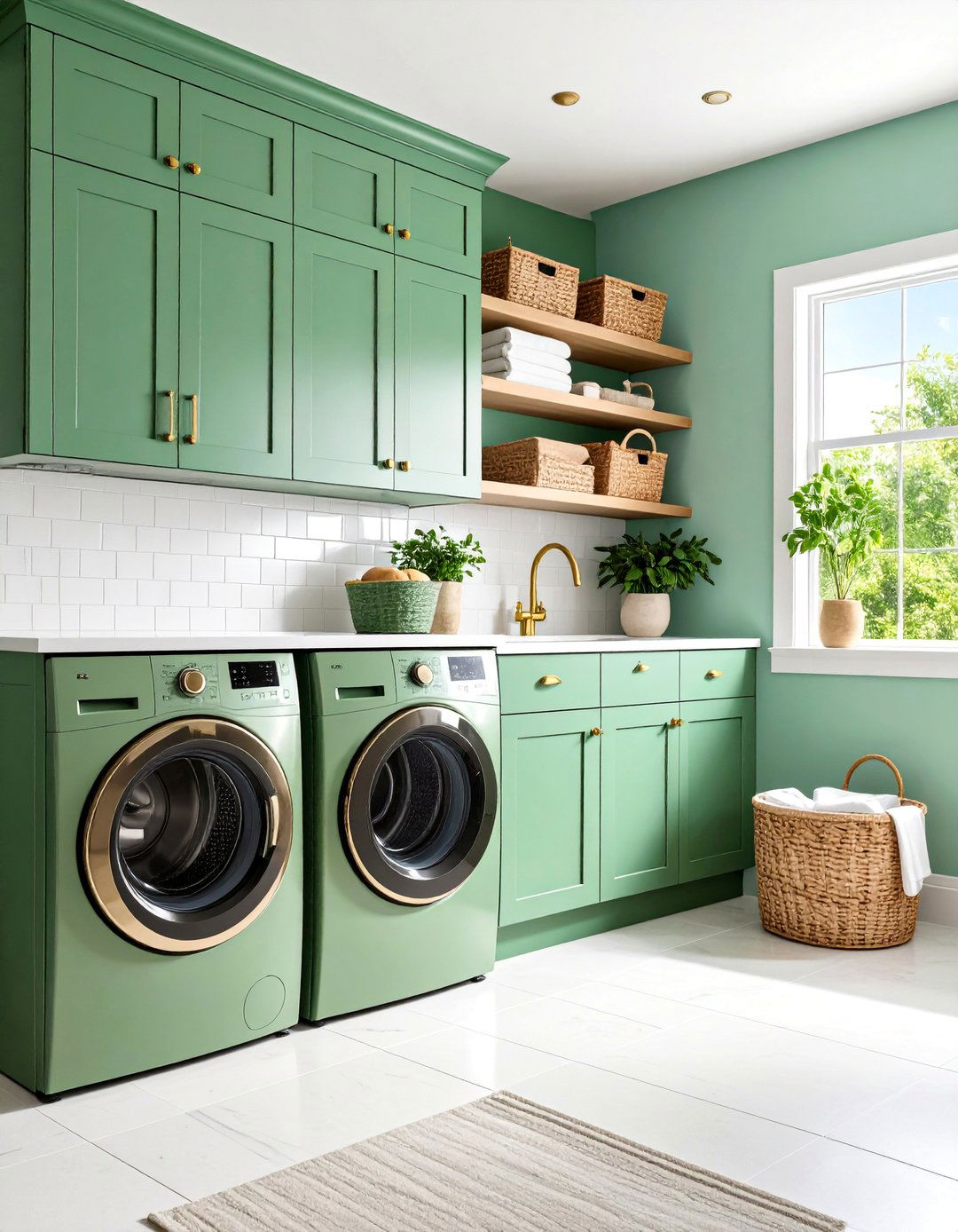 Sage Green Shaker Cabinets with Brass Hardware - 25 Green Laundry Room Ideas