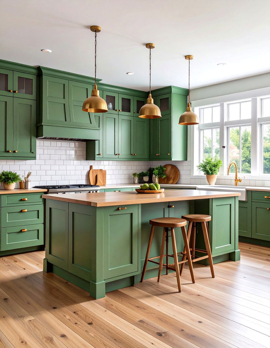 Sage Green Shaker Cabinets with Brass Hardware - 25 Dark Green Kitchen Ideas