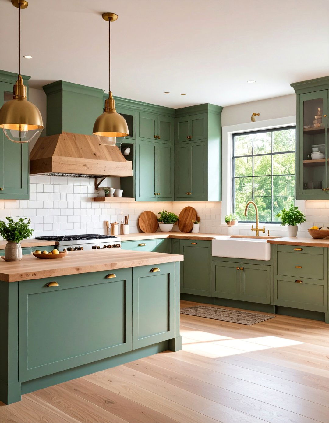 Sage Green Shaker Cabinets with Butcher Block Countertops - 25 Green and Brown Kitchen Ideas