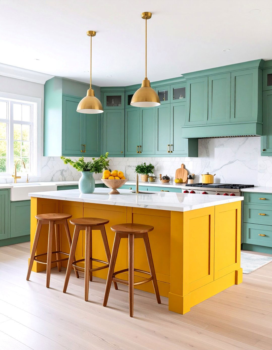 Sage Green Shaker Cabinets with Mustard Yellow Island - 25 Green and Yellow Kitchen Ideas