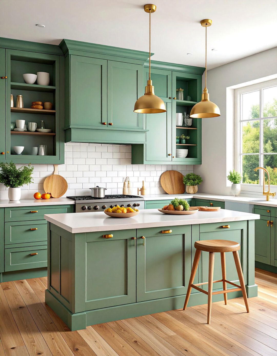 Sage Green Shaker Kitchen with Natural Wood Island - 25 Farmhouse Kitchen Ideas