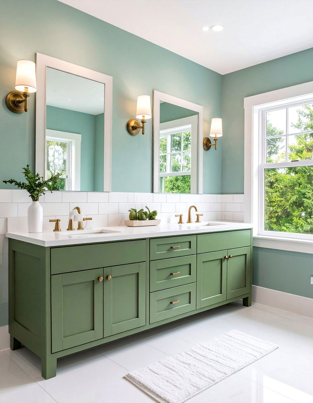 Sage Green Shaker Vanity with Subway Tile - 25 Bathroom With Green Vanity