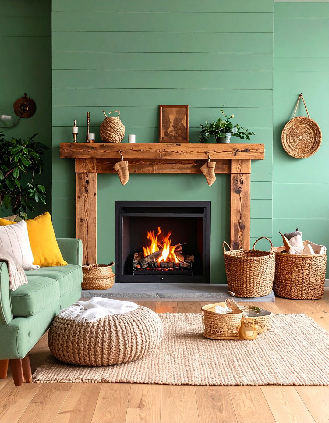 Sage Green Shiplap Fireplace Surround with Rustic Wood Mantel - 25 Sage Green Fireplace Ideas