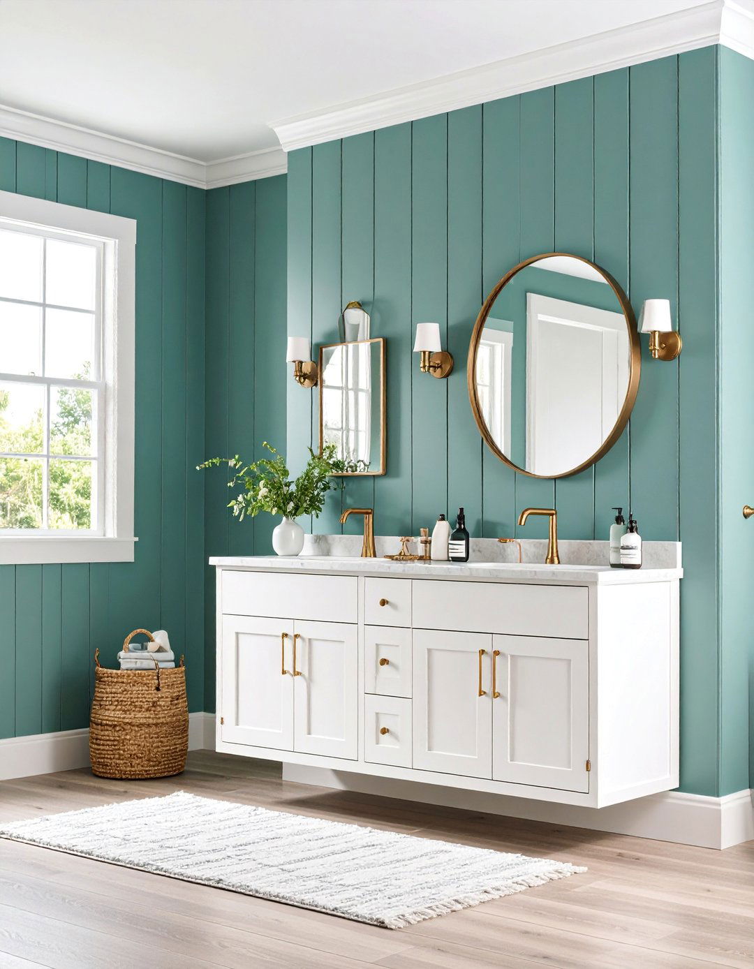 Sage Green Shiplap Powder Room with Brass Fixtures - 25 Green Powder Room Ideas
