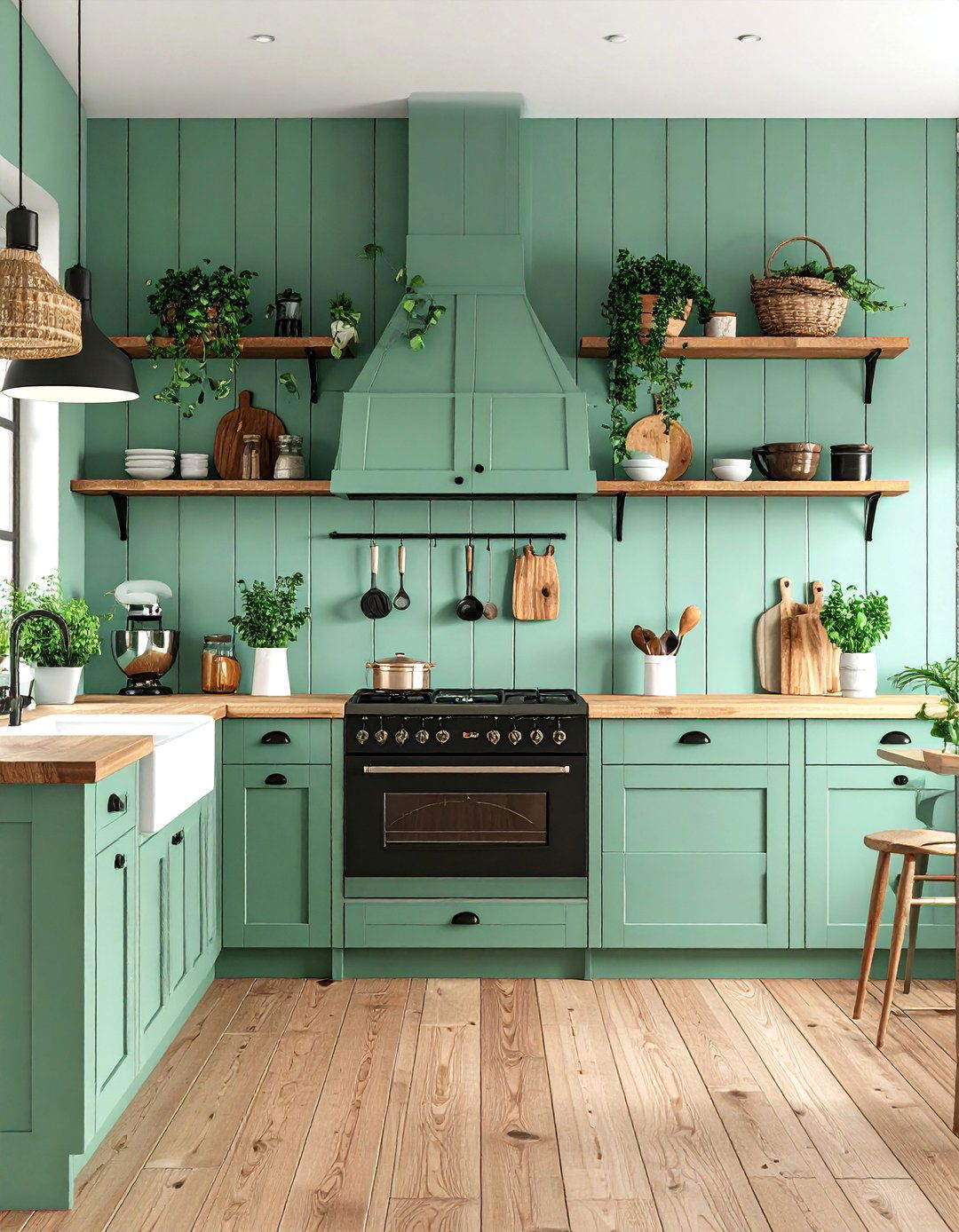 Sage Green Shiplap Wall in Farmhouse Kitchen - 25 Green Accent Wall Ideas