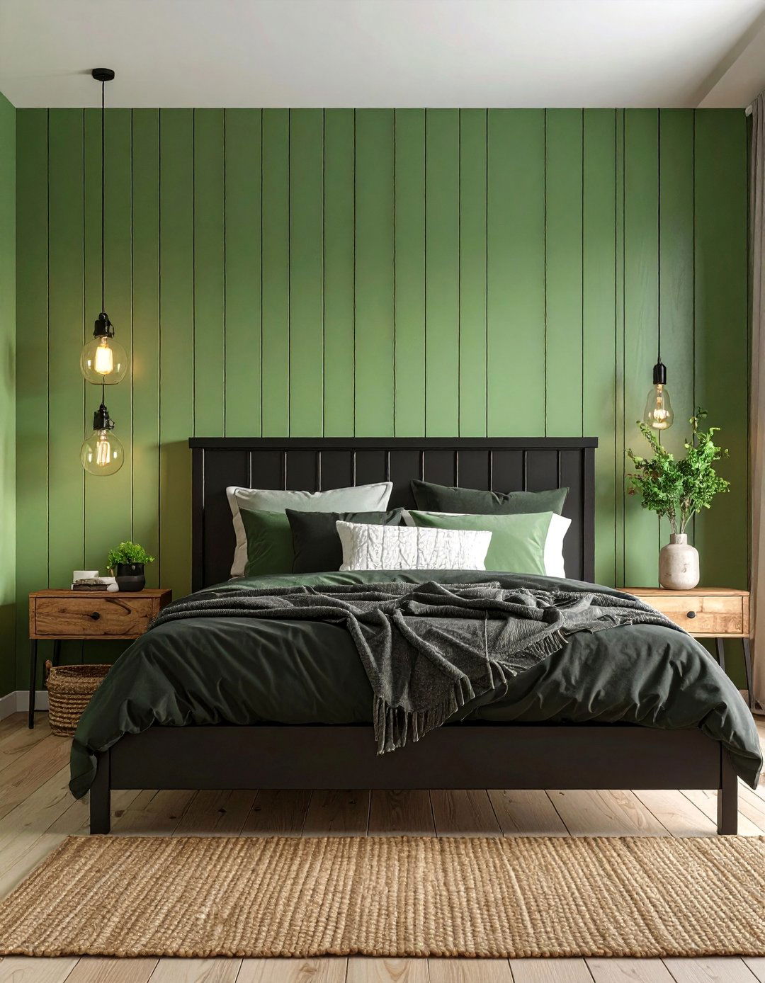 Sage Green Shiplap with Black Farmhouse Elements - 25 Black and Green Bedroom Design Ideas