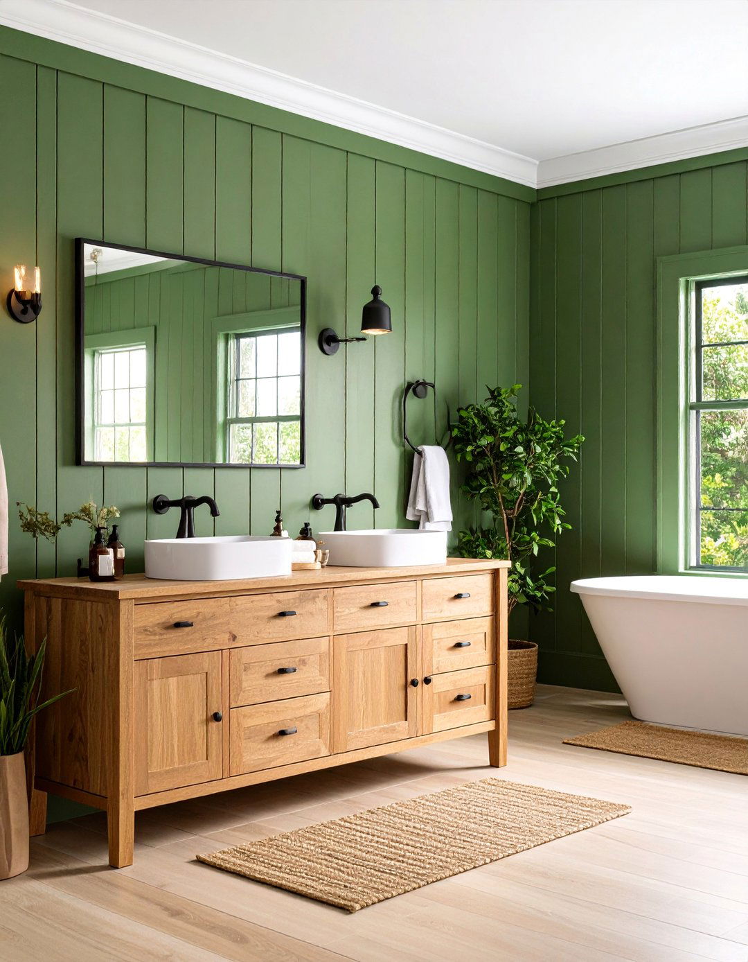 Sage Green Shiplap with Black Iron Fixtures - 25 Black and Green Bathroom Ideas