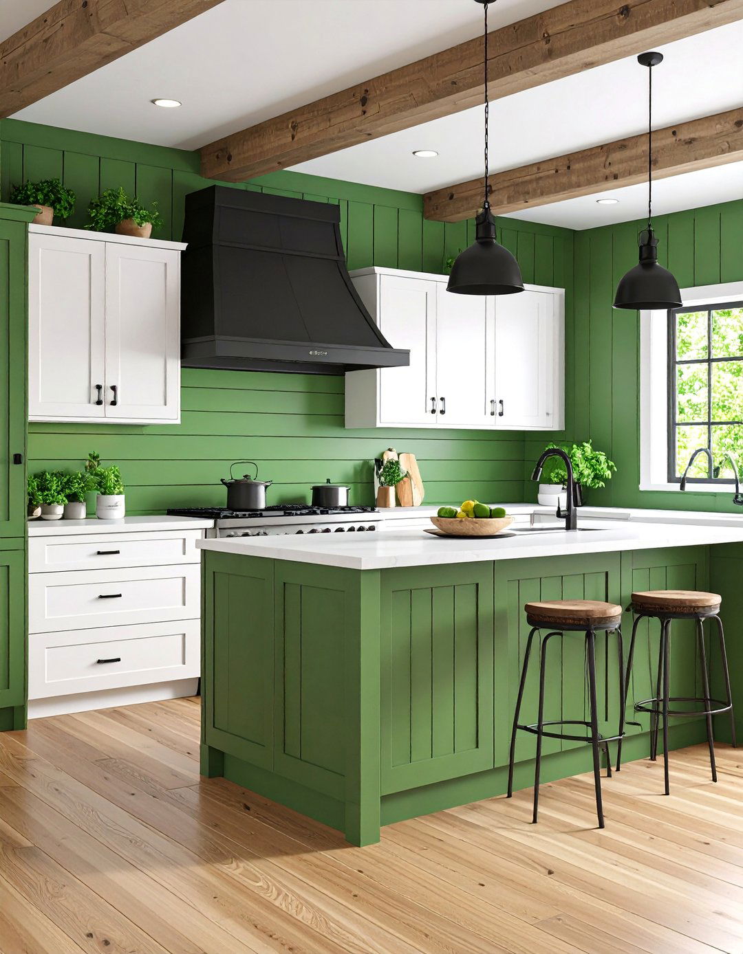 Sage Green Shiplap with Black Metal Accents - 25 Black and Green Kitchen Ideas