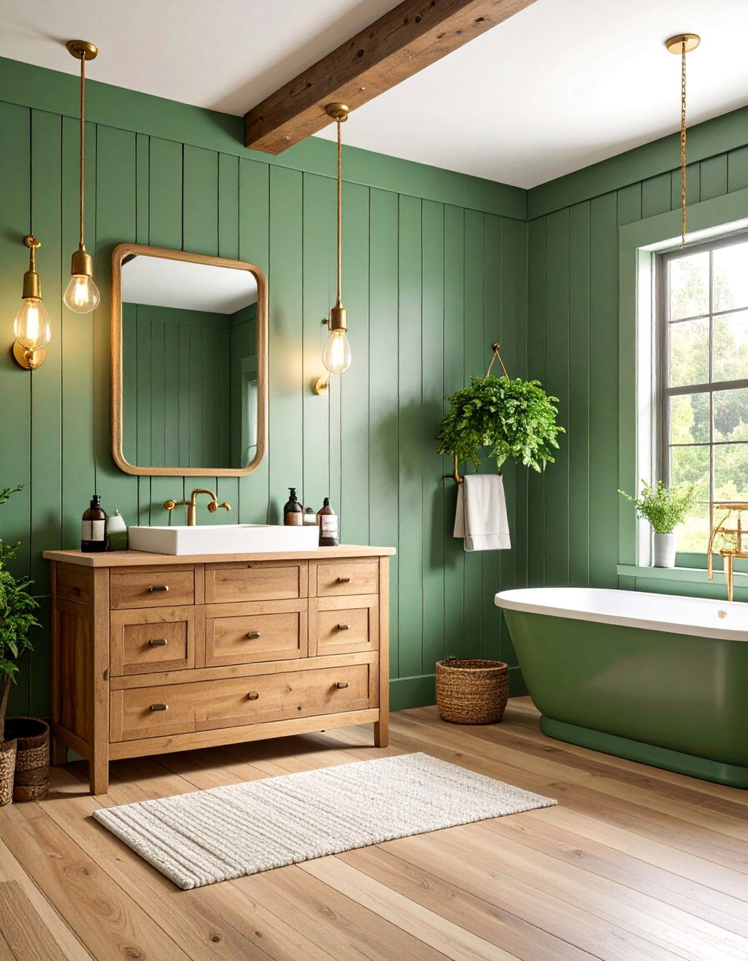 Sage Green Shiplap with Brass Industrial Fixtures - 25 Green and Gold Bathroom Ideas