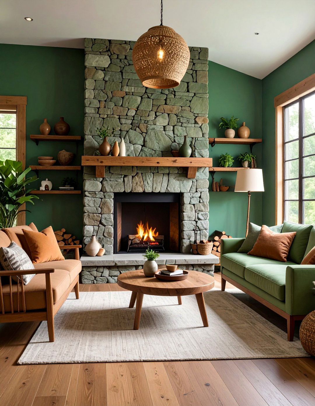 Sage Green Stacked Stone Natural Texture - 25 Green Fireplace Ideas