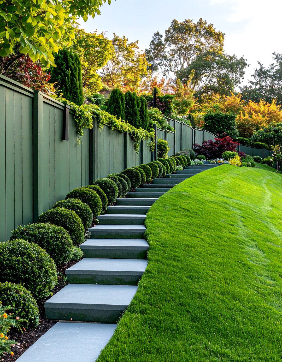 Sage Green Stepped Fence for Sloped Gardens - 25 Sage Green Garden Fence Ideas