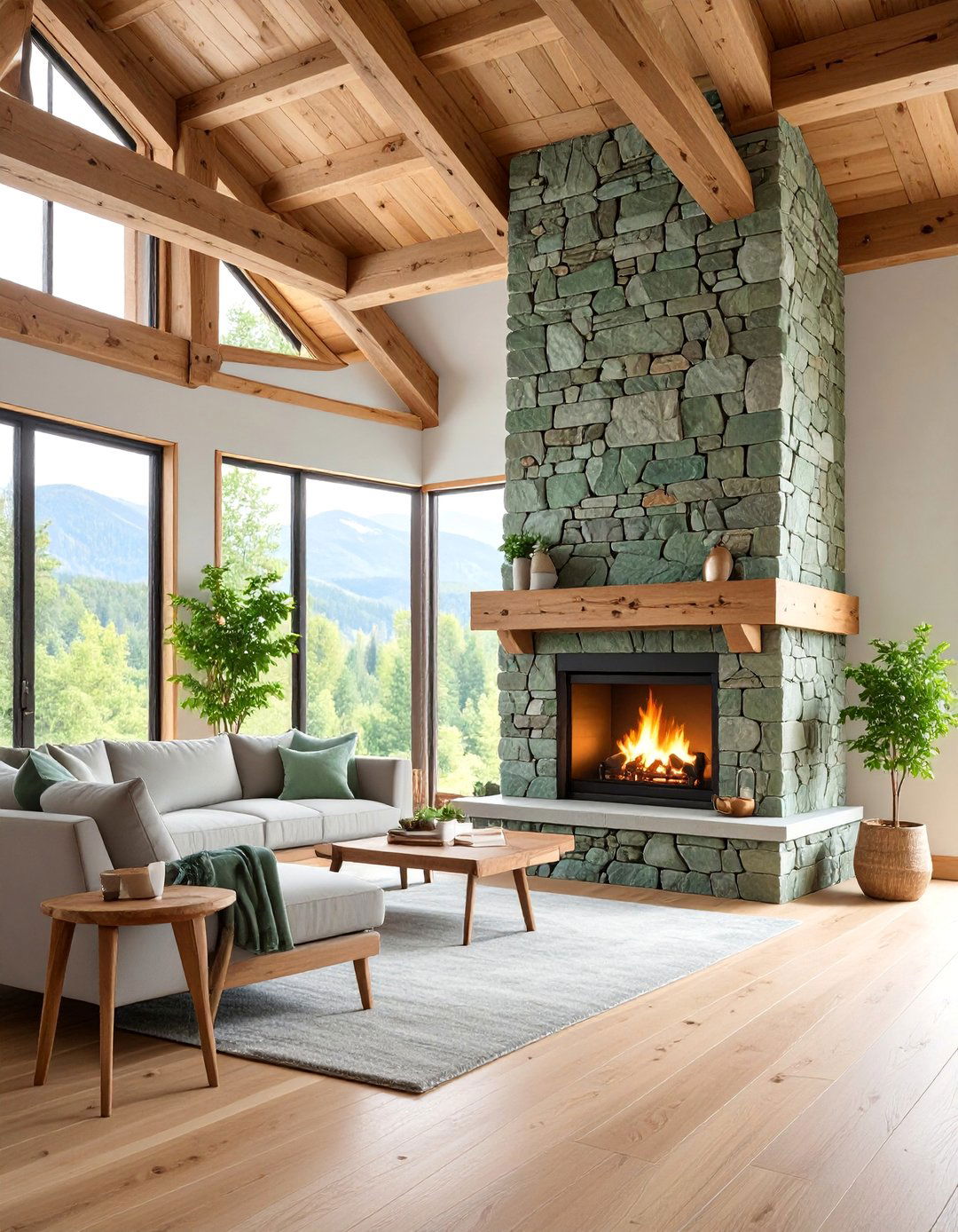 Sage Green Stone Veneer Fireplace with Natural Wood Beams - 25 Sage Green Fireplace Ideas