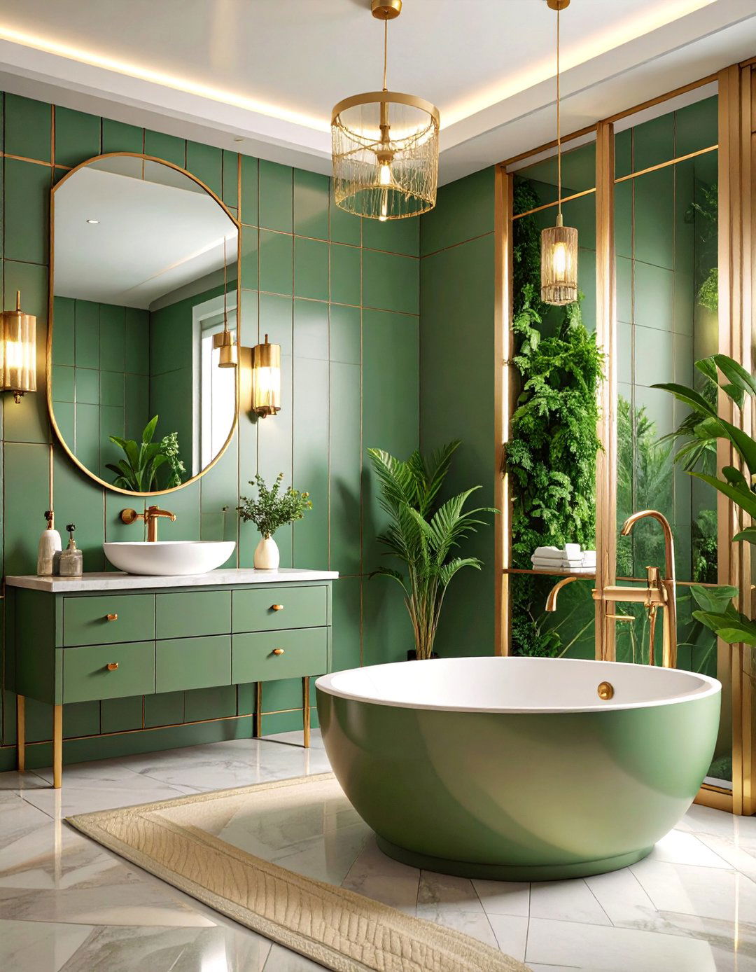 Sage Green Subway Tile with Gold Accents - 25 Green and Gold Bathroom Ideas