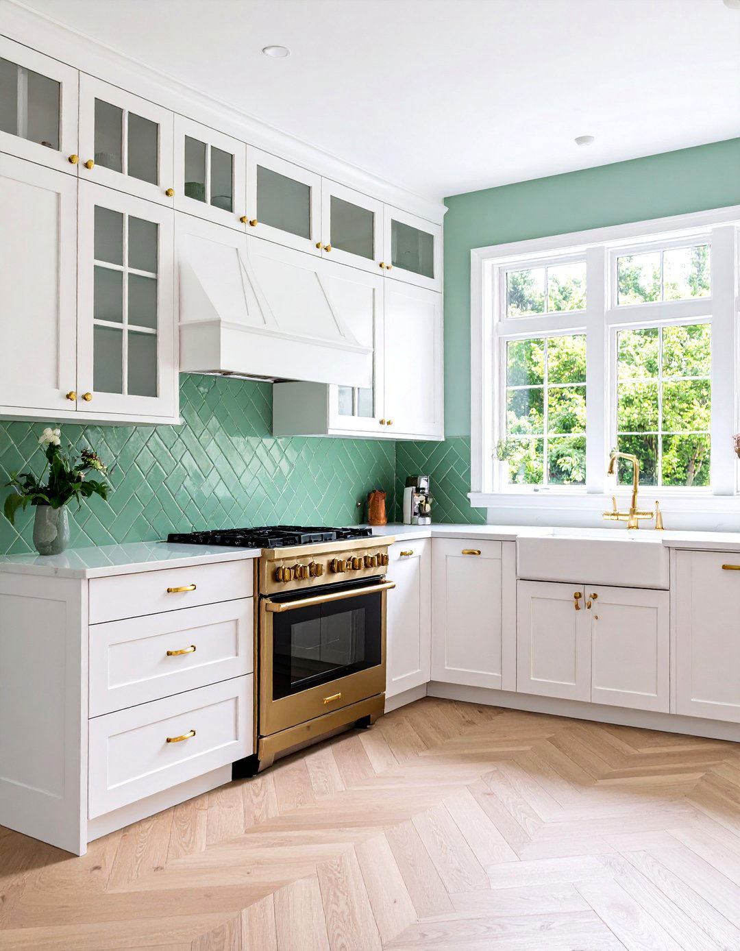 Sage Green Subway Tile with White Shaker Cabinets - 25 Kitchen With Green Backsplash Ideas