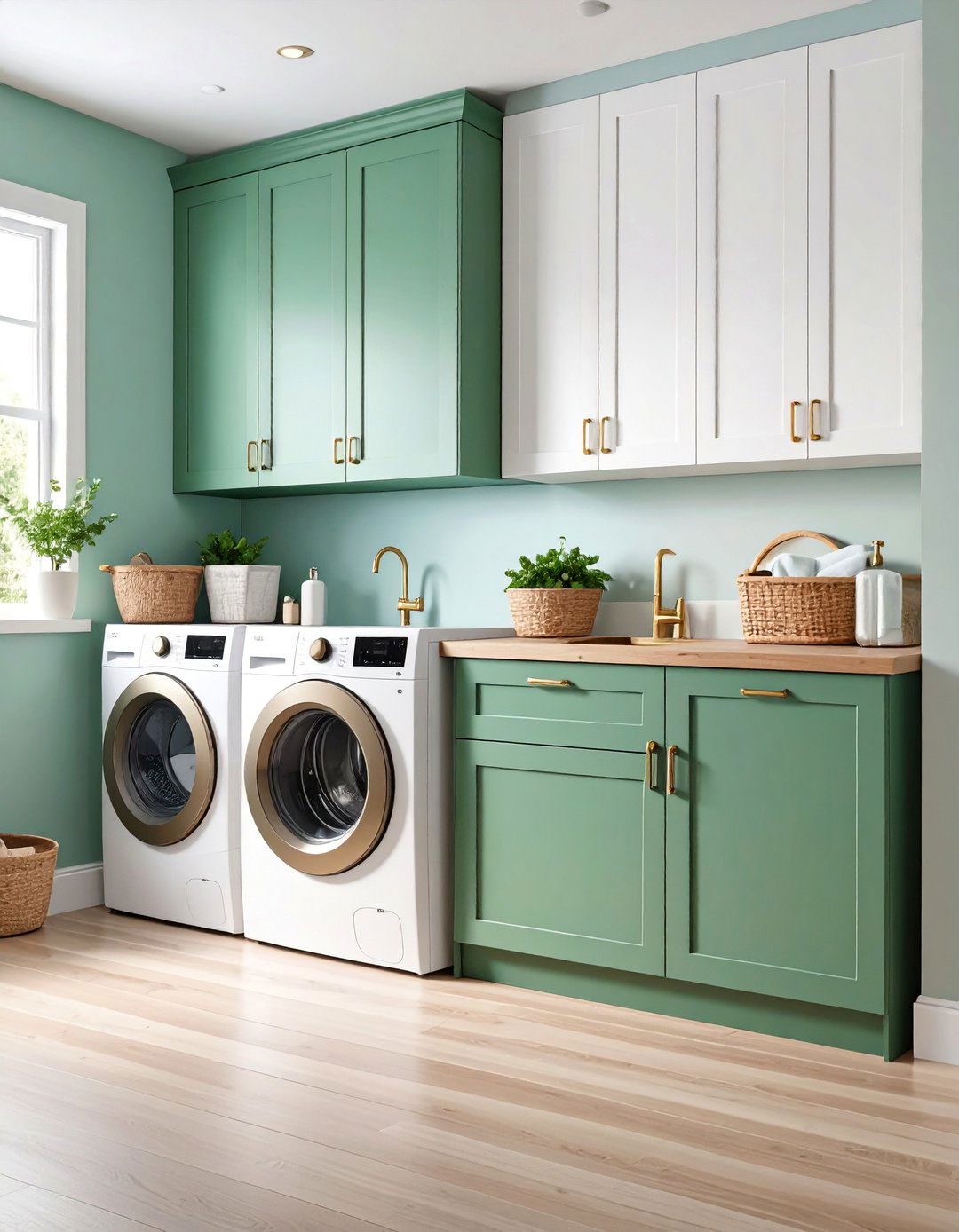Sage Green Two Tone Cabinet Design - 25 Sage Green Laundry Room Ideas