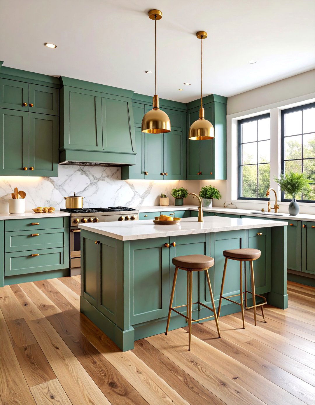 Sage Green Two Tone Kitchen with Brass and Marble - 25 Dark Green Kitchen Ideas