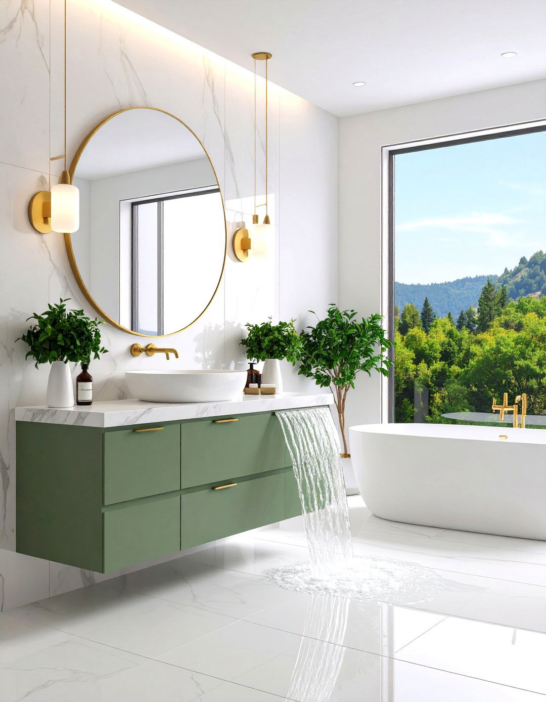 Sage Green Vanity Cabinet with Marble Waterfall Edge - 25 Olive Green Bathroom Ideas