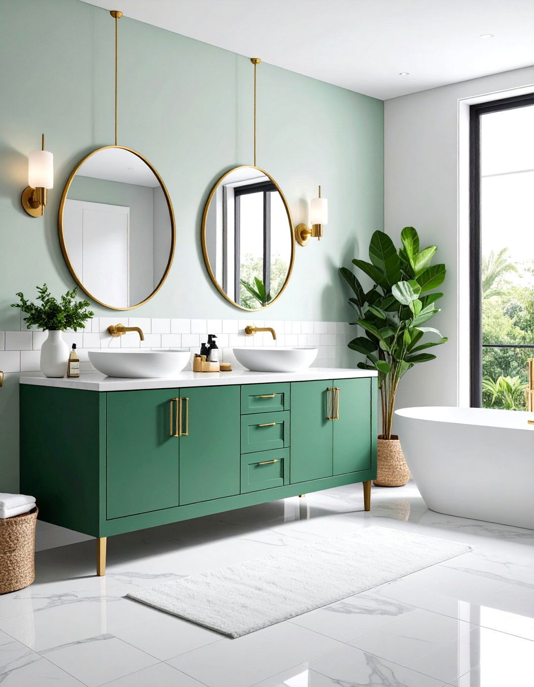 Sage Green Vanity with Black Hardware - 25 black, white and green bathroom ideas