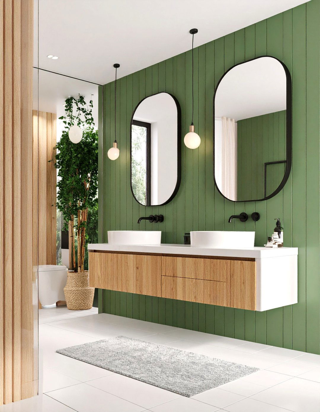 Sage Green Vertical Paneling with Modern Fixtures - 25 Olive Green Bathroom Ideas