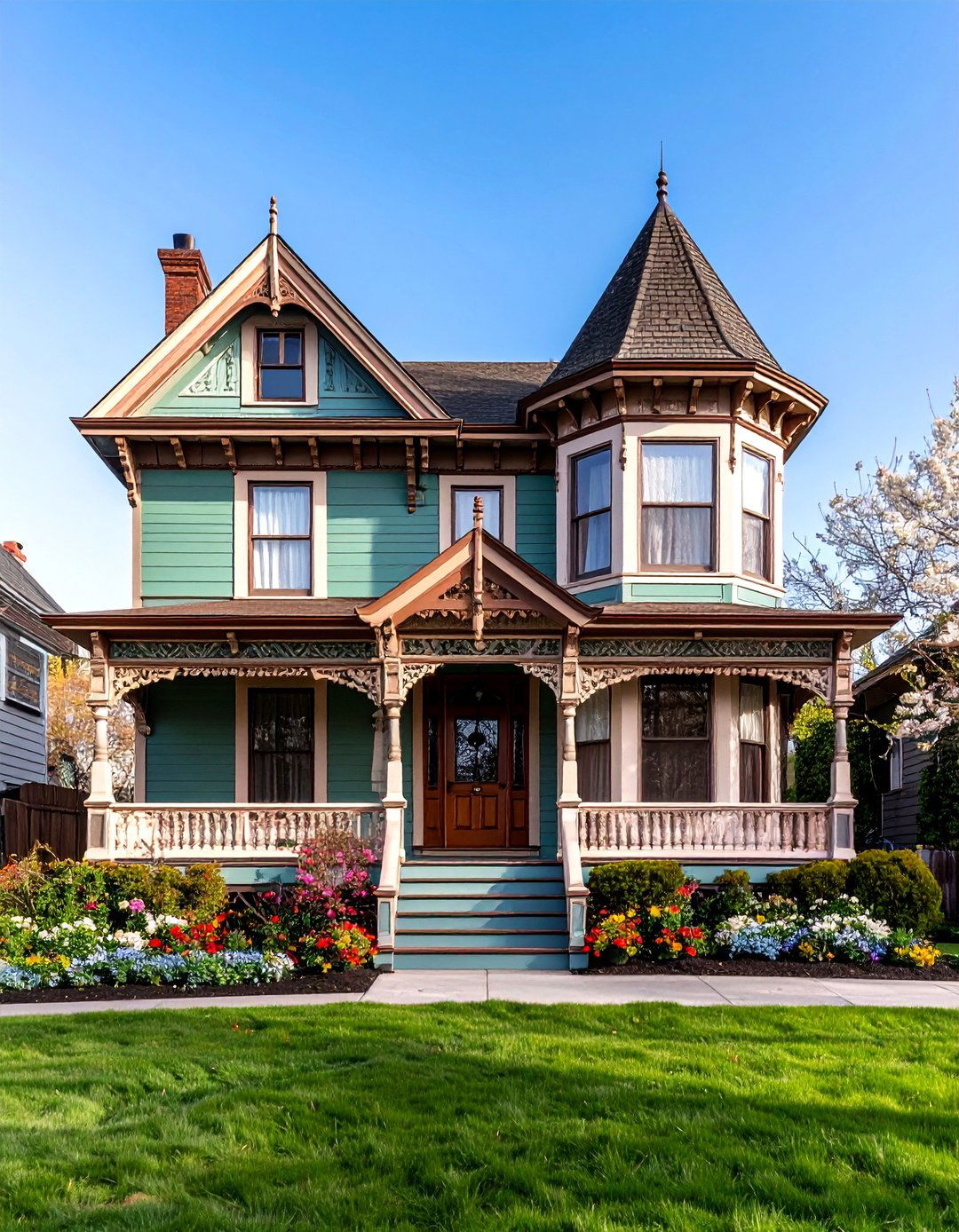Sage Green Victorian with Brown Gingerbread Trim - 25 Sage Green House With Brown Trim Ideas