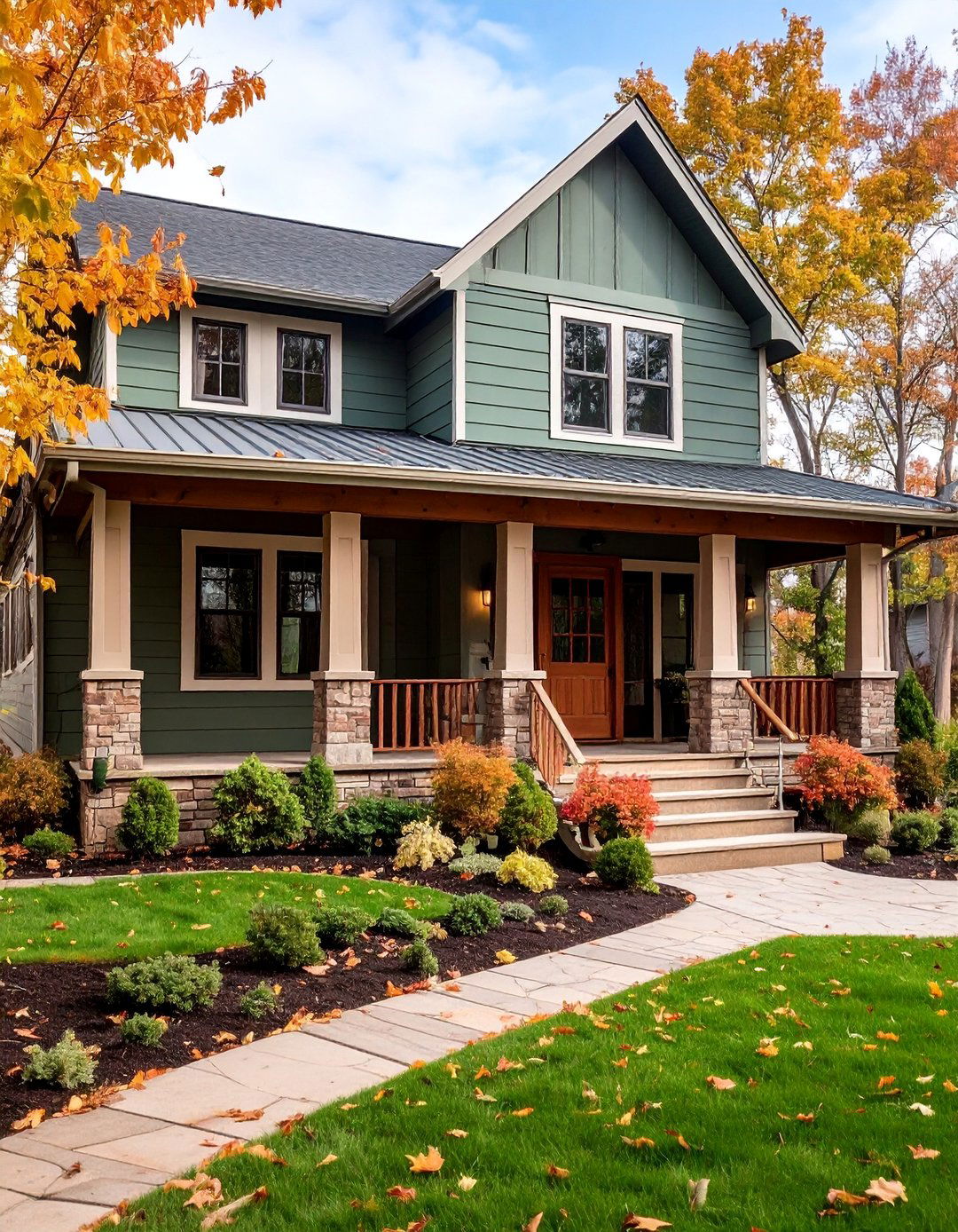 Sage Green Vinyl with Brown Brick Wainscoting - 25 Vinyl Siding and Brick Combinations