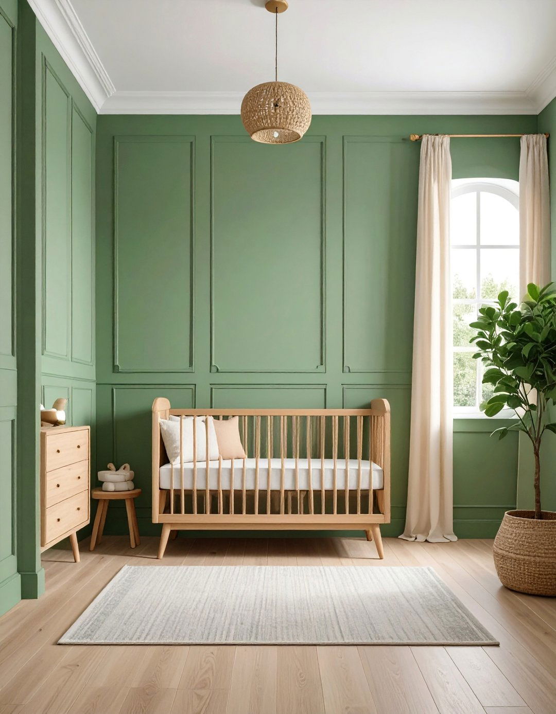 Sage Green Wainscoting with Natural Wood Accents - 25 Wainscoting Nursery Ideas