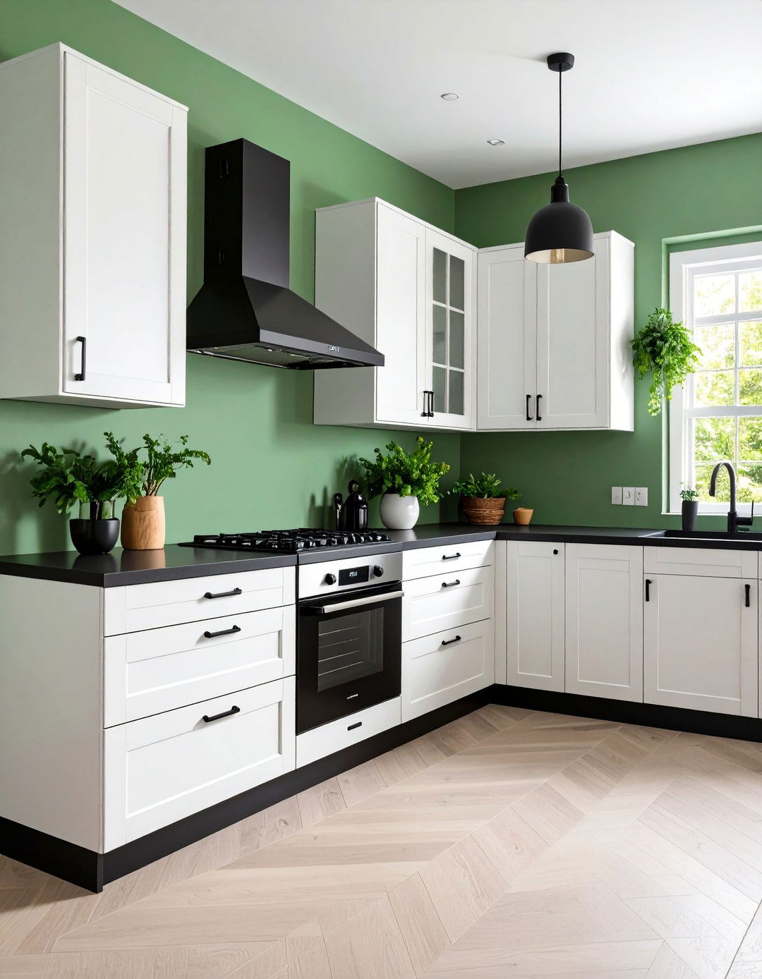 Sage Green Walls with Black Cabinet Hardware - 25 Black and Green Kitchen Ideas