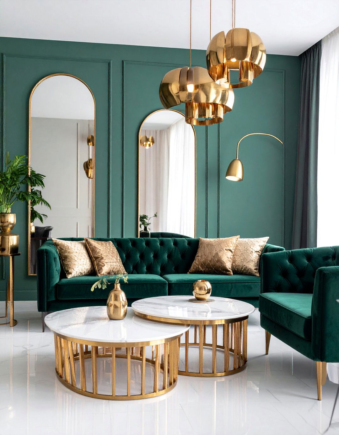 Sage Green Walls with Brass and Gold Accents - 25 Sage Green Living Room Ideas