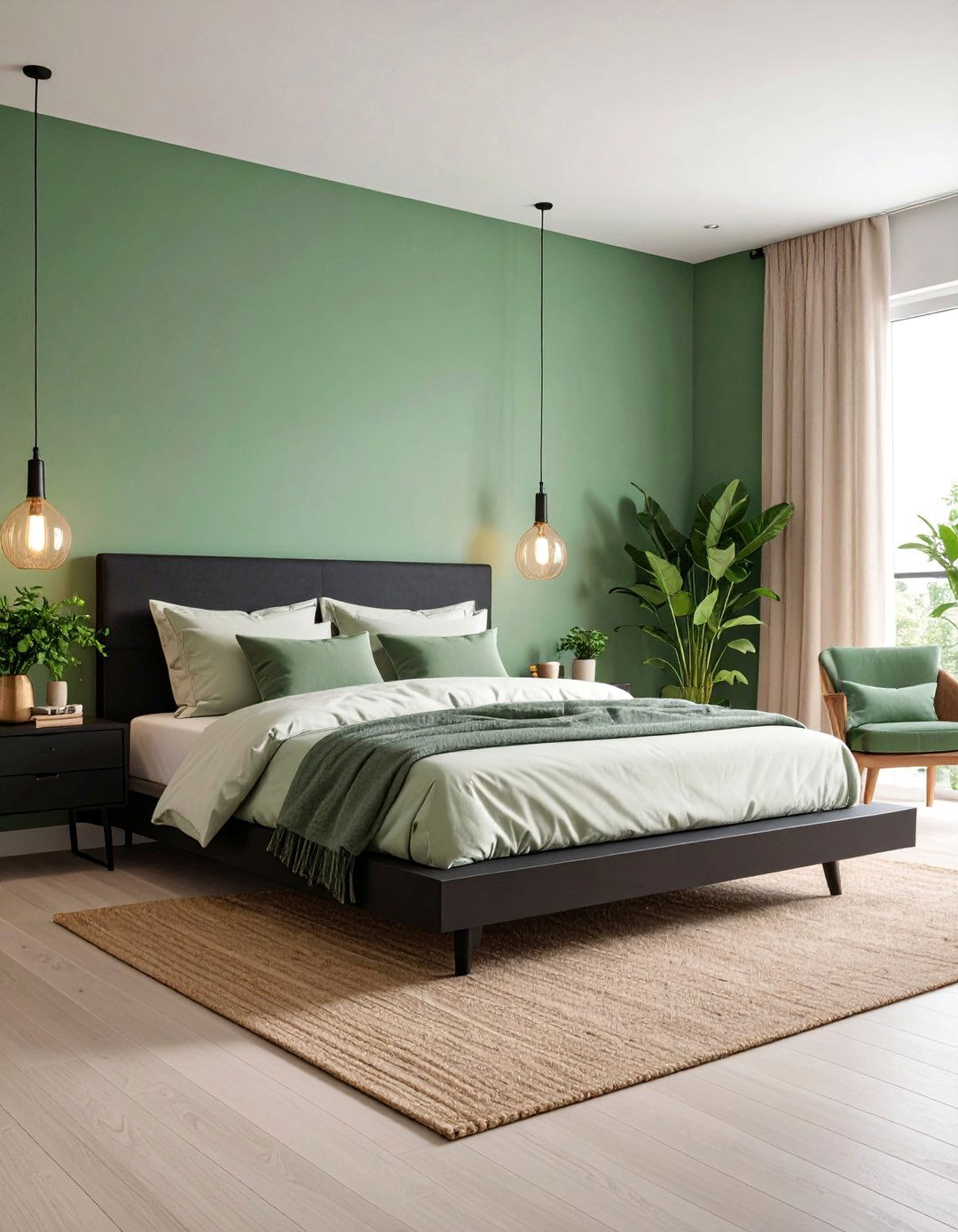 Sage Green Walls with Charcoal Black Furniture - 25 Black and Green Bedroom Design Ideas