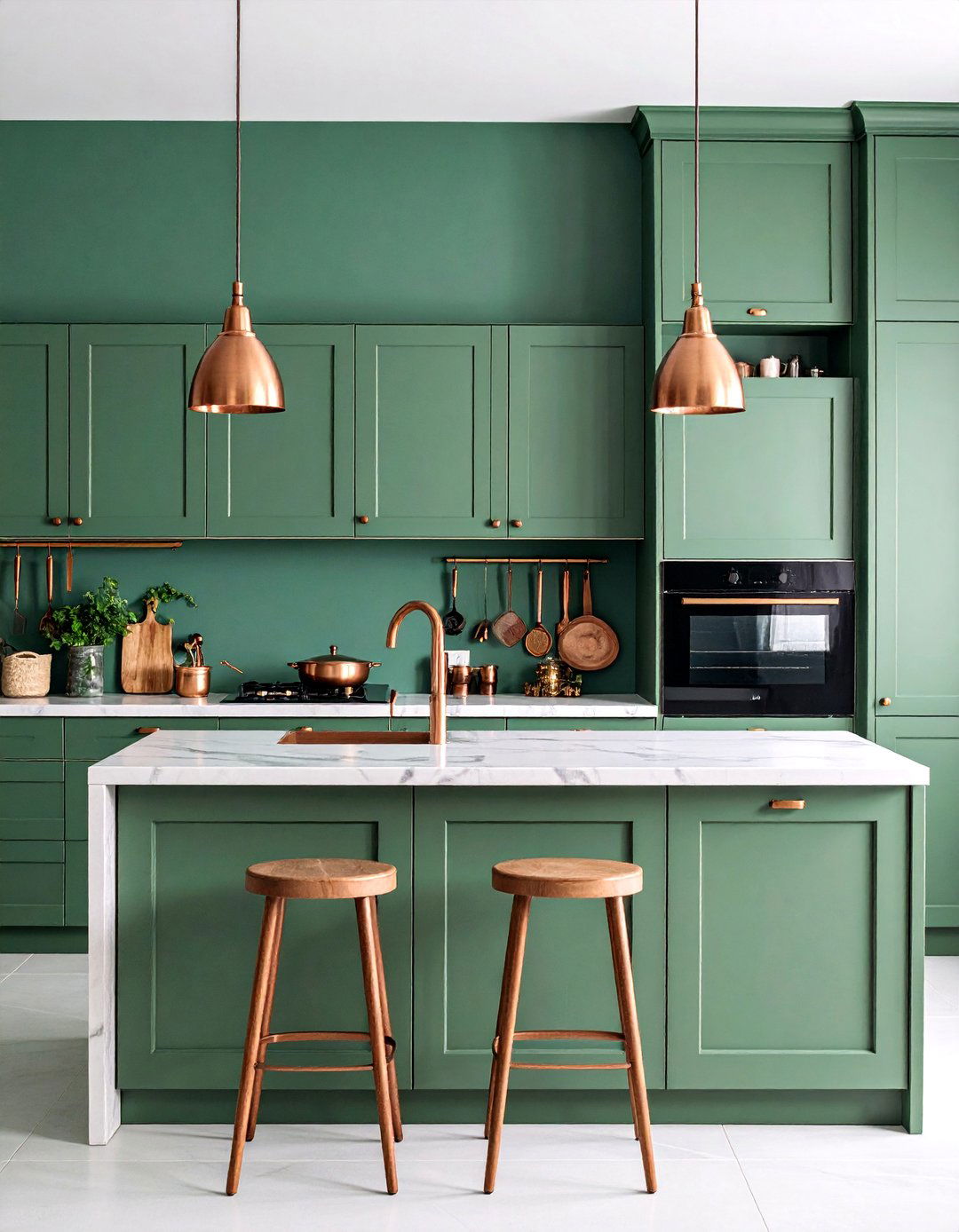 Sage Green Walls with Copper Cabinet Hardware - 25 Green and Copper Kitchen Ideas