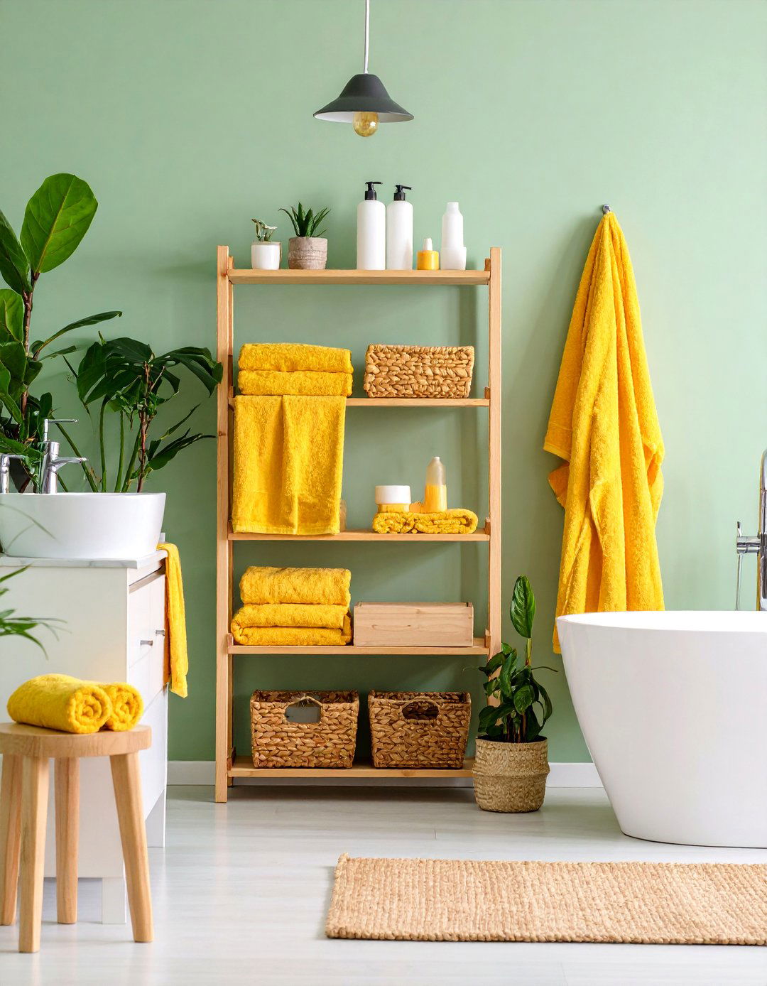 Sage Green Walls with Lemon Yellow Accents - 25 Yellow and Green Bathroom Ideas