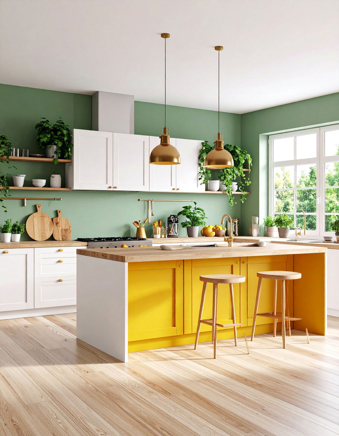 Sage Green Walls with Mustard Yellow Kitchen Island - 25 Green and Yellow Kitchen Ideas