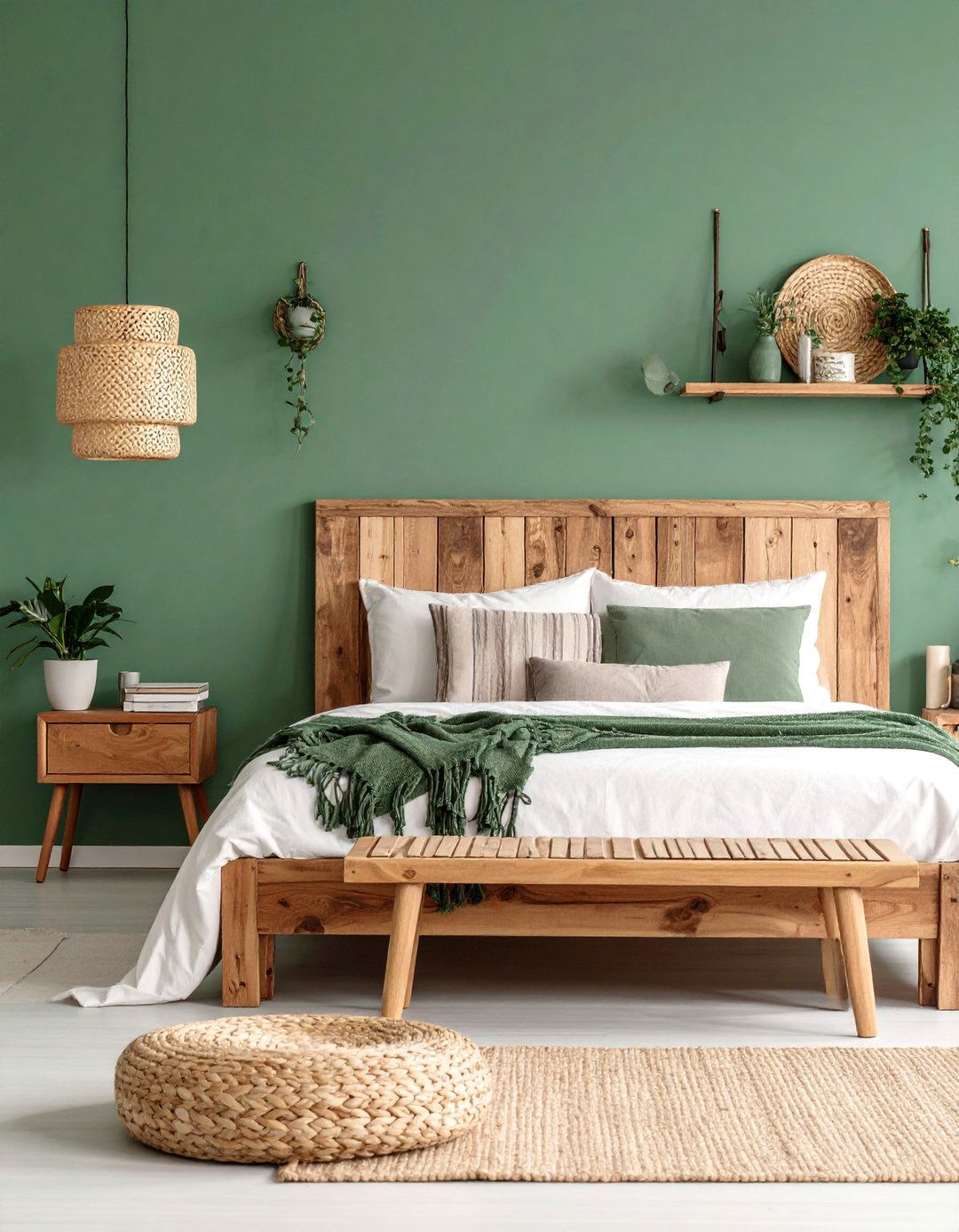 Sage Green Walls with Natural Wood Accents - 25 Boho Sage Green Bedroom Ideas