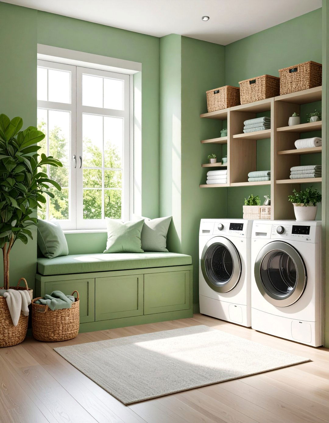 Sage Green Window Seat Reading Nook - 25 Sage Green Laundry Room Ideas