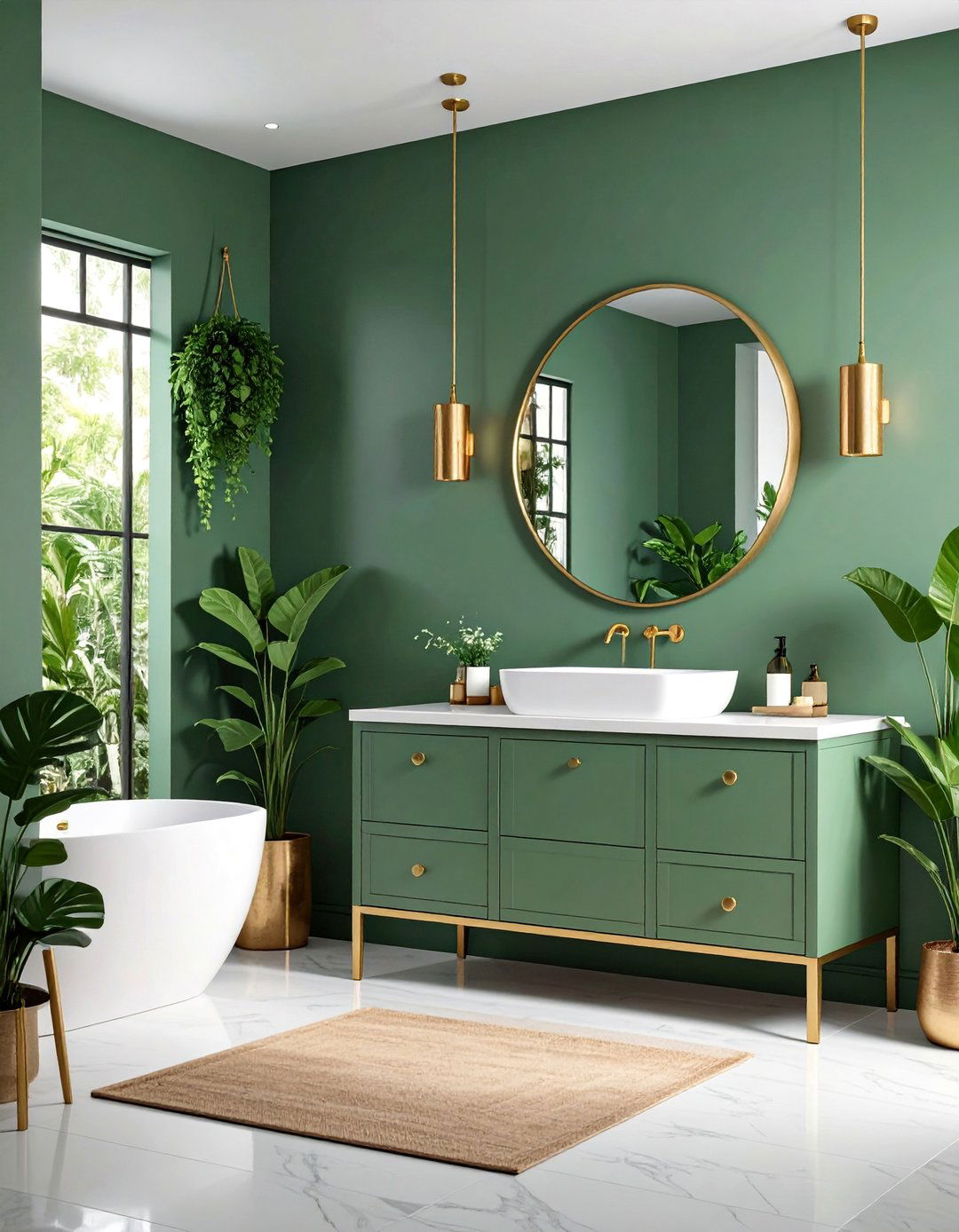 Sage Green and Brushed Gold Botanical Spa - 25 Gold Bathroom Ideas