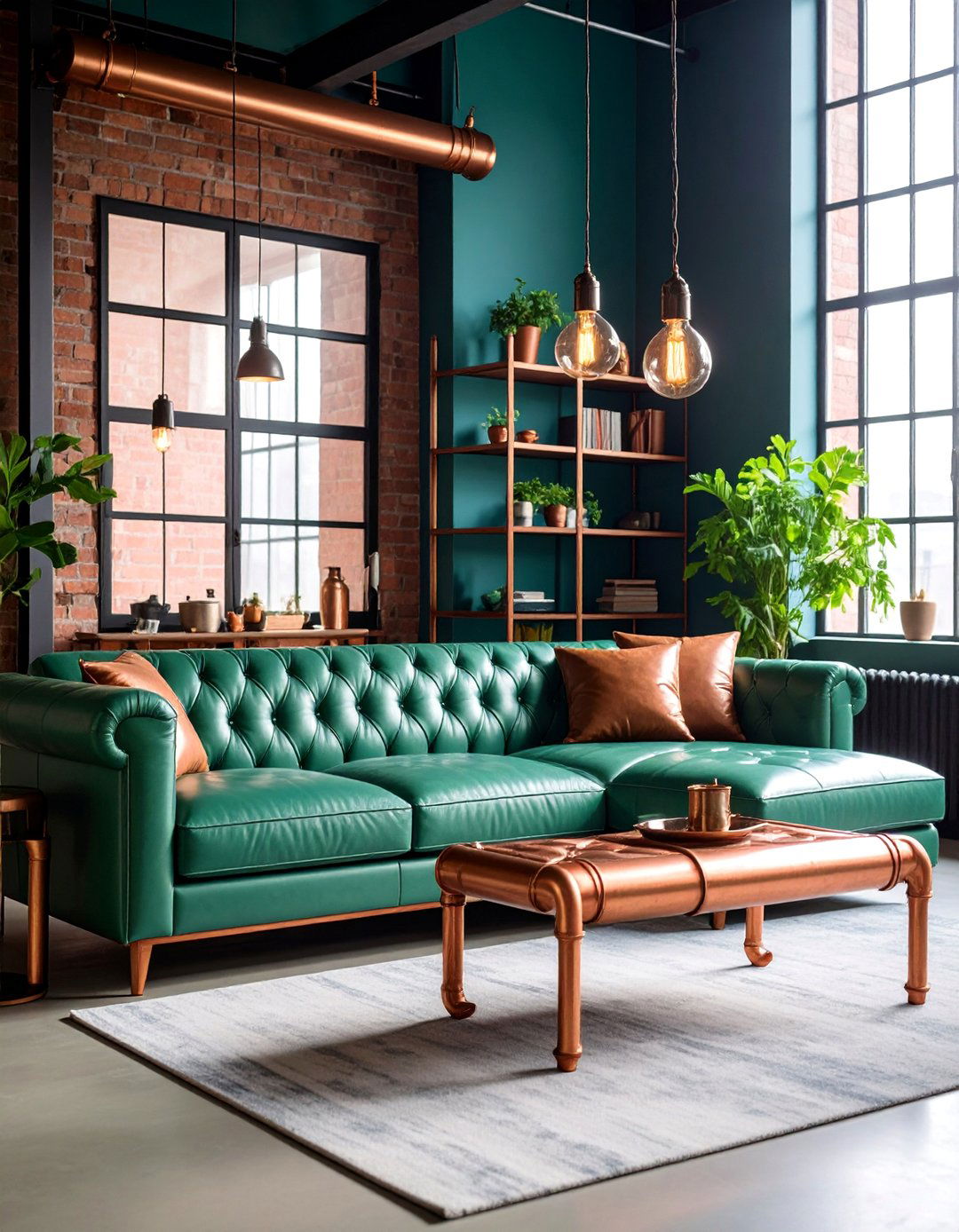Sage Green and Copper Penny Industrial Chic Living Room - 25 Green and Gold Living Room Ideas