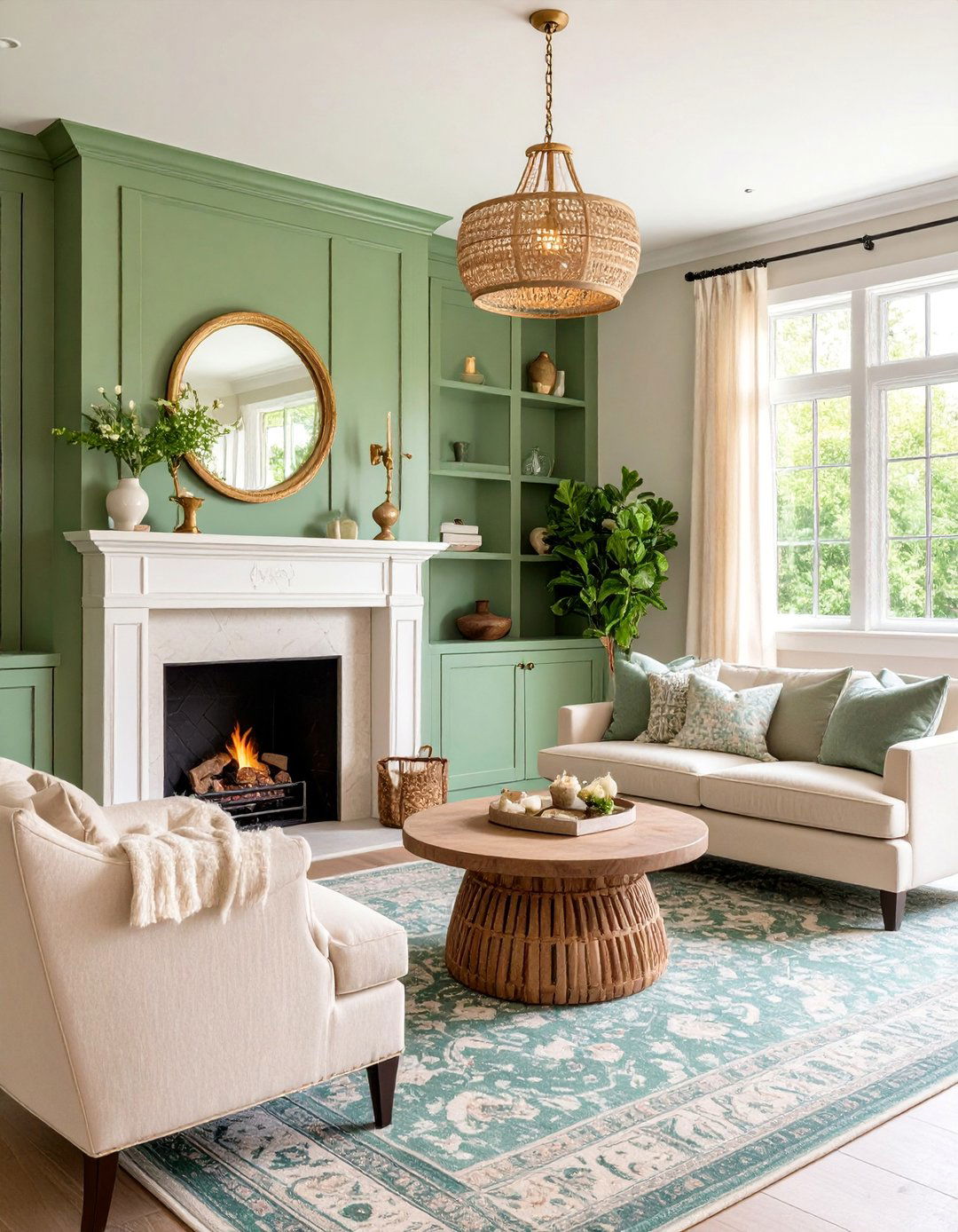 Sage Green and Cream Living Room with Fireplace Focus - 25 sage green and cream living room ideas