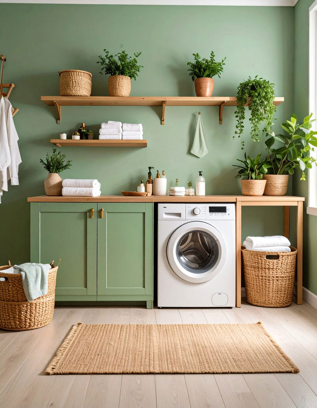 Sage Green and Natural Wood Calming Retreat - 25 Boho Laundry Room Ideas