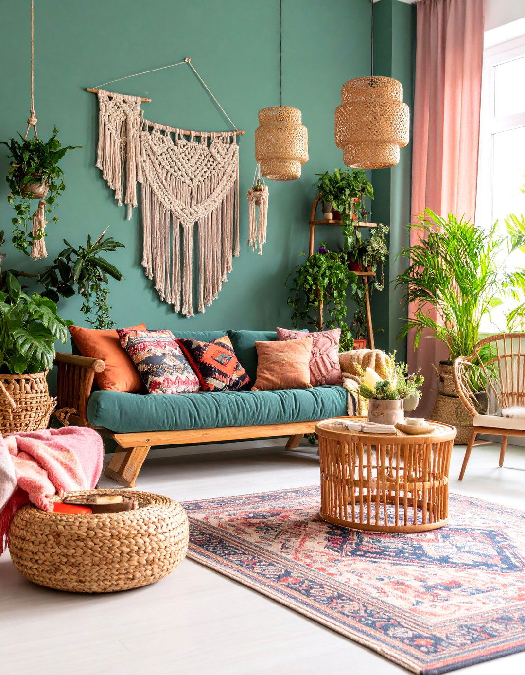 Sage Green and Pink Bohemian Living Room - 25 Sage Green Living Room Ideas