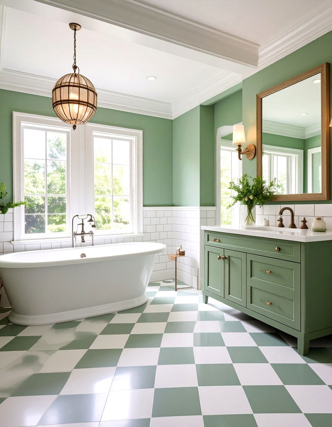 Sage Green and White Checkerboard Classic Pattern - 25 Green Tile Bathroom Ideas