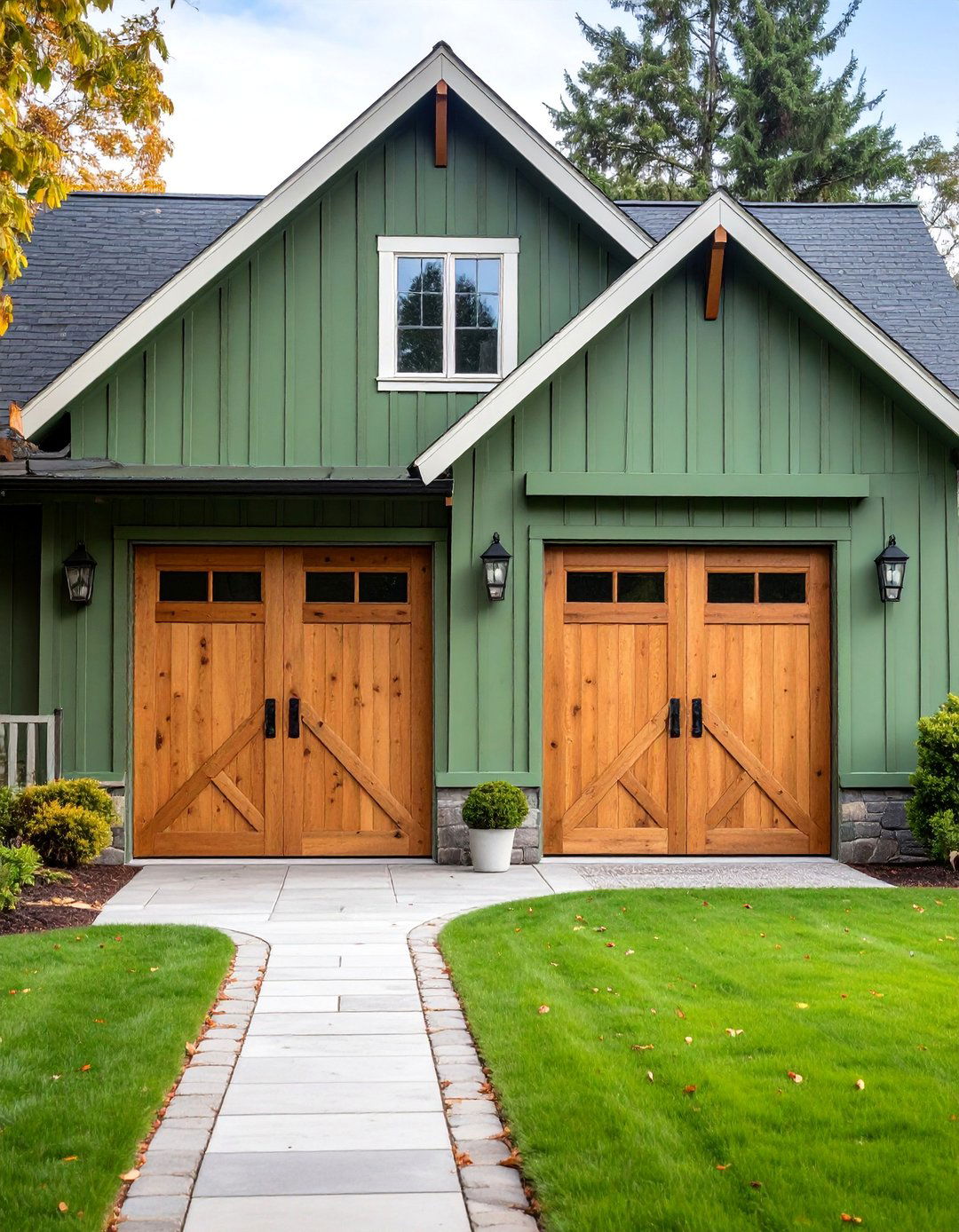 Sage Green with Barn Style Garage Doors - 25 Sage Green House Exterior Ideas