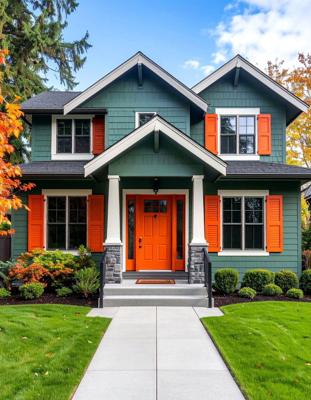 Sage Green with Burnt Orange Door Accents - 25 Sage Green House Exterior Ideas