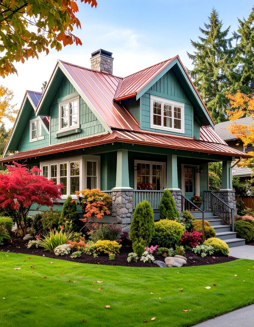 Sage Green with Copper Roof and Details - 25 Sage Green House Exterior Ideas