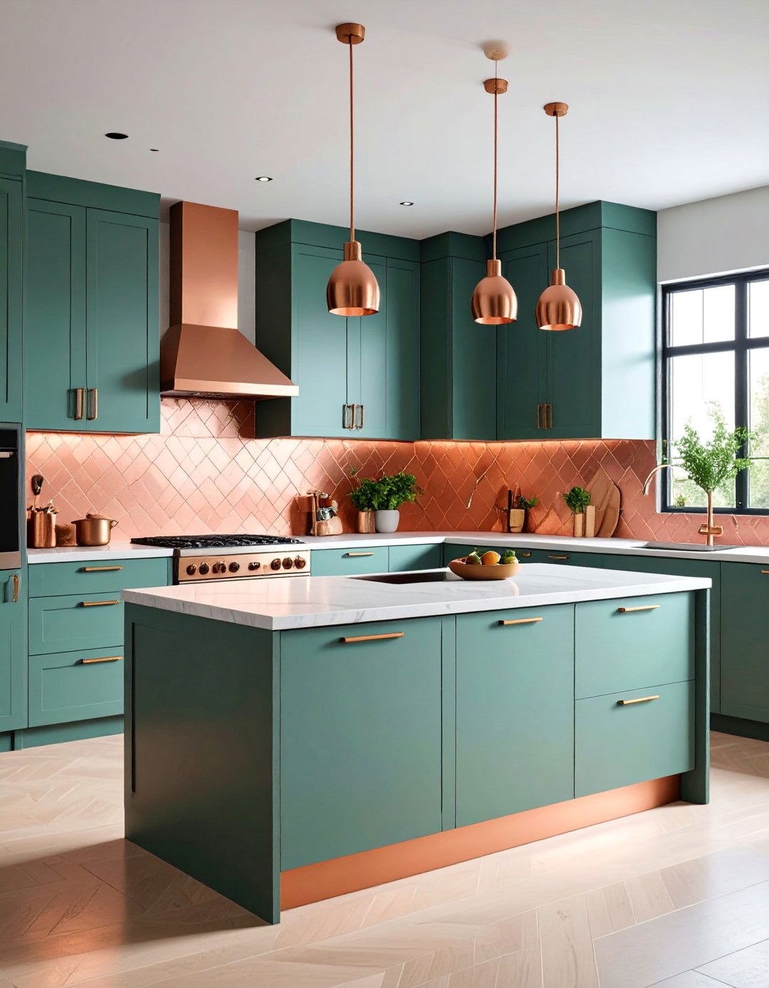 Sage Green with Copper Tile Backsplash - 25 Green and Copper Kitchen Ideas