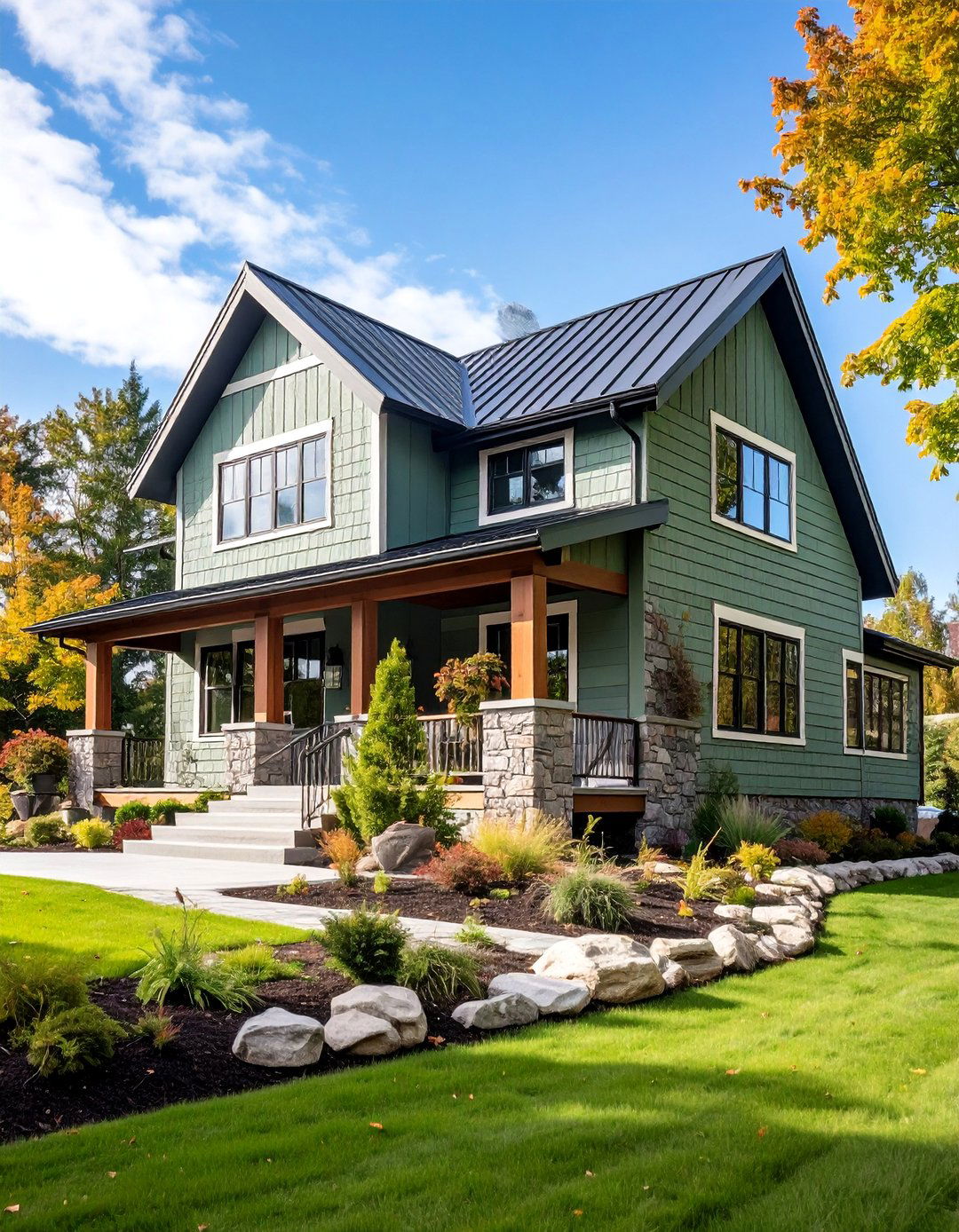 Sage Green with Light Gray Stone Modern Farmhouse - 25 Exterior House Color Schemes With Sage Green Siding