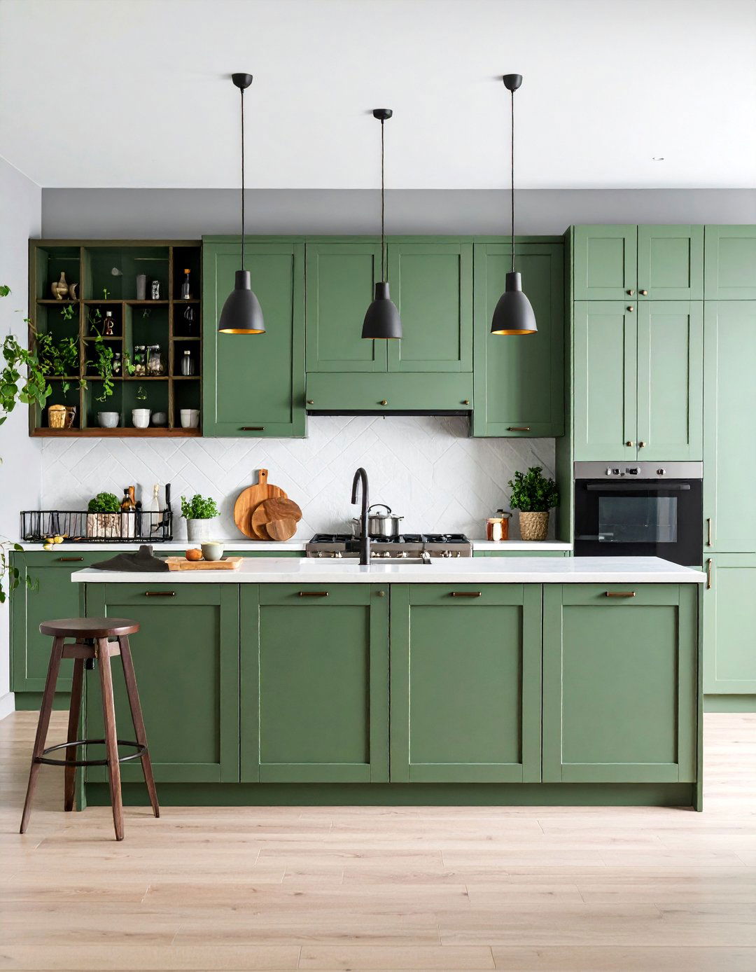 Sage Green with Mixed Metal Hardware and Industrial Elements - 25 Rustic Sage Green Kitchen Cabinets