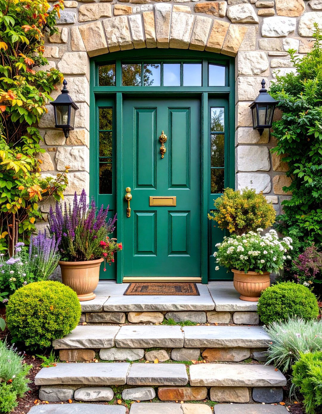 Sage Green with Natural Stone Accents - 25 Front Door Color Ideas