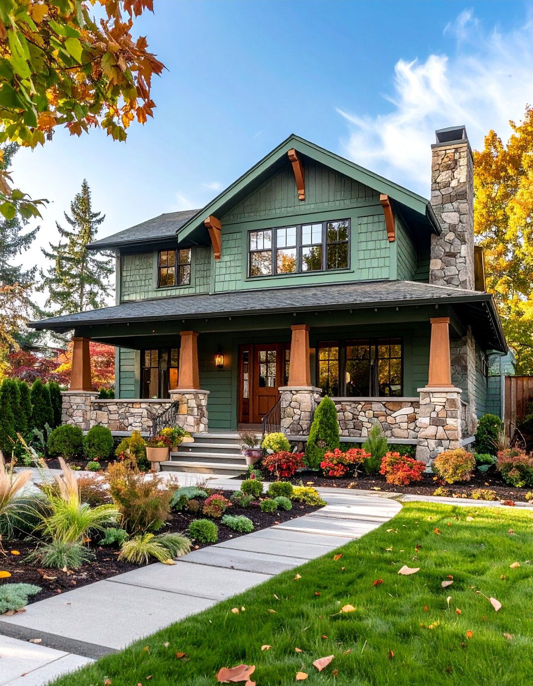 Sage Green with Stone Features Earthy Foundation - 25 Exterior House Color Schemes With Sage Green Siding